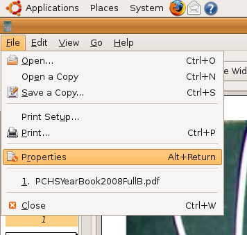 File menu on Evince